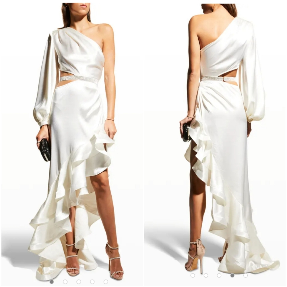 SOLD Monica One-Sleeve Asymmetric Ruffle Gown - Picture 1 of 16
